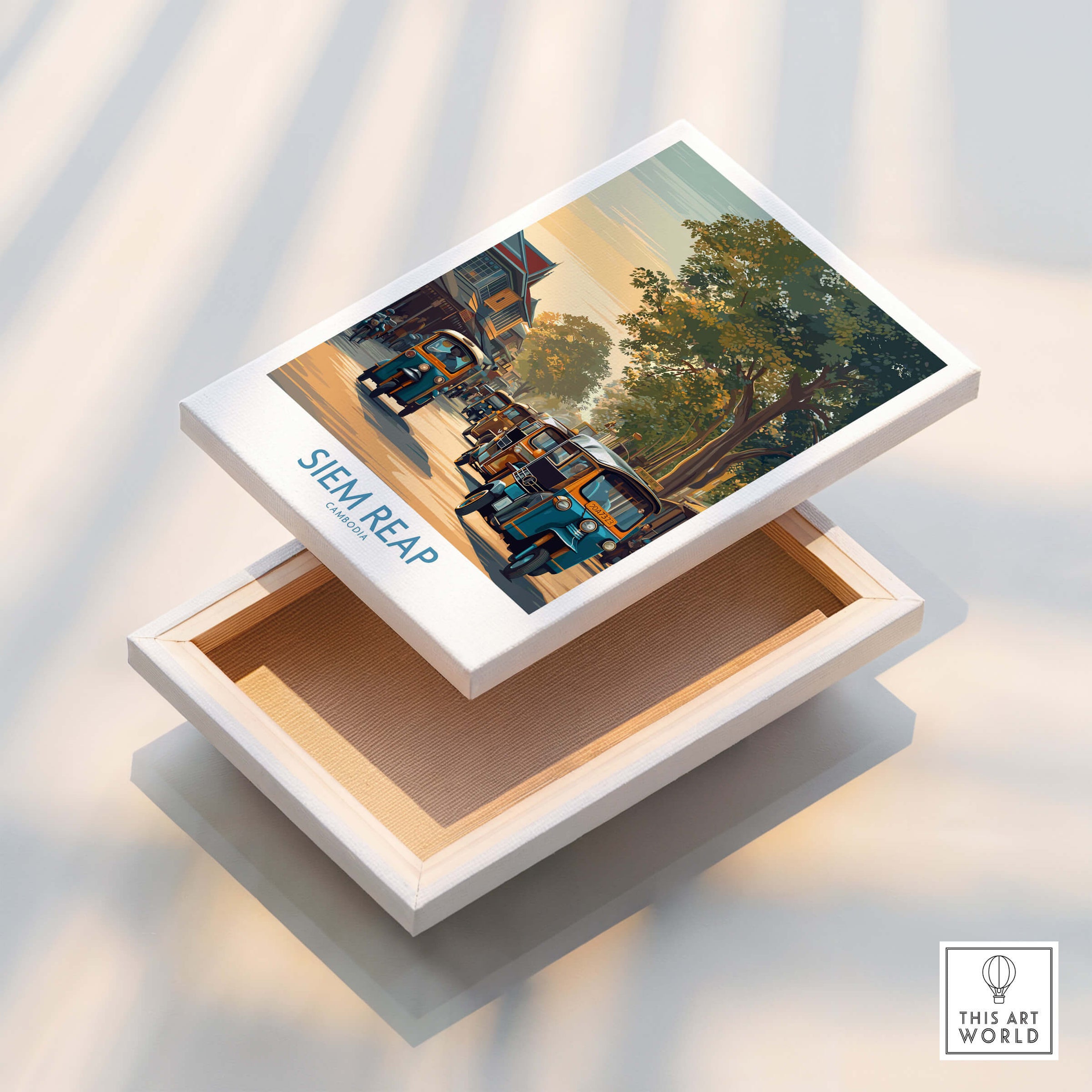 Siem Reap Cambodia Poster | Charming Southeast Asian Village Canvas Print showing tuk tuks on village roads.