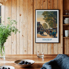 Siem Reap Cambodia Poster | Charming Southeast Asian Village Canvas Print displayed in a cozy interior.