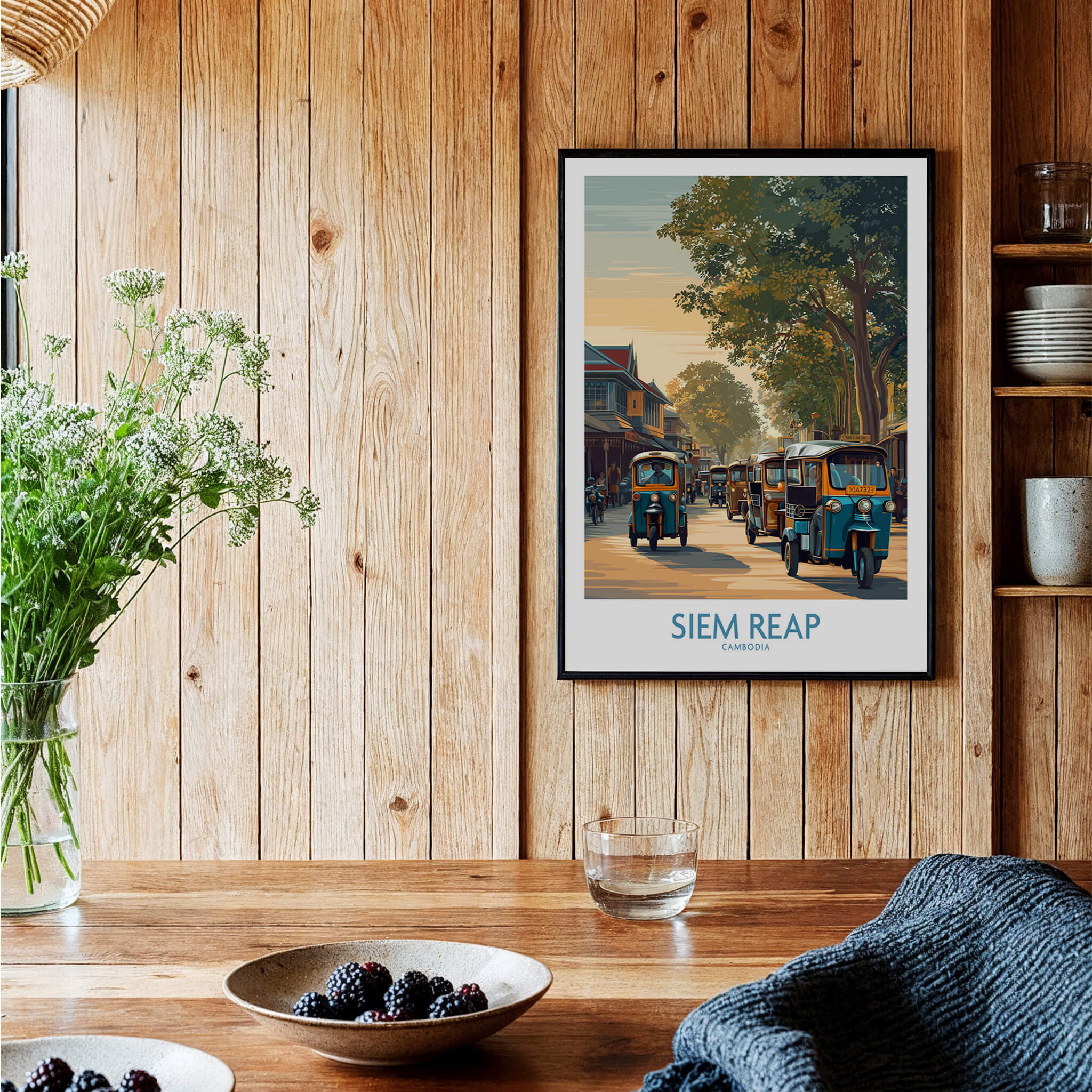 Siem Reap Cambodia Poster | Charming Southeast Asian Village Canvas Print displayed in a cozy interior.