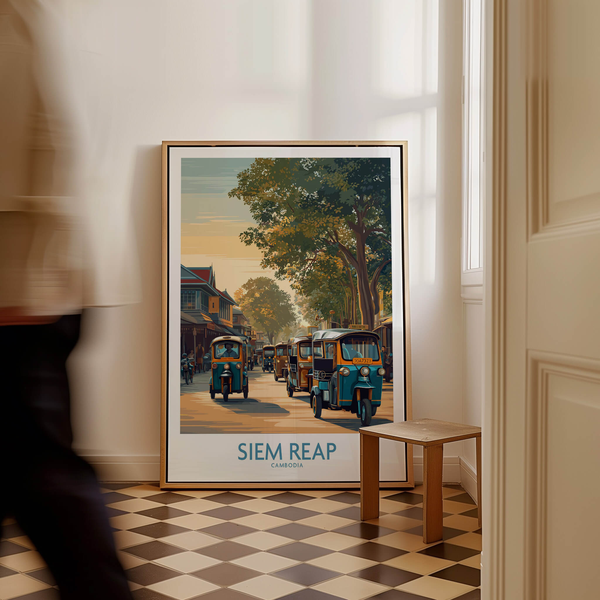 Siem Reap Cambodia Poster | Charming Southeast Asian Village Canvas Print featuring tuk tuks on village roads.