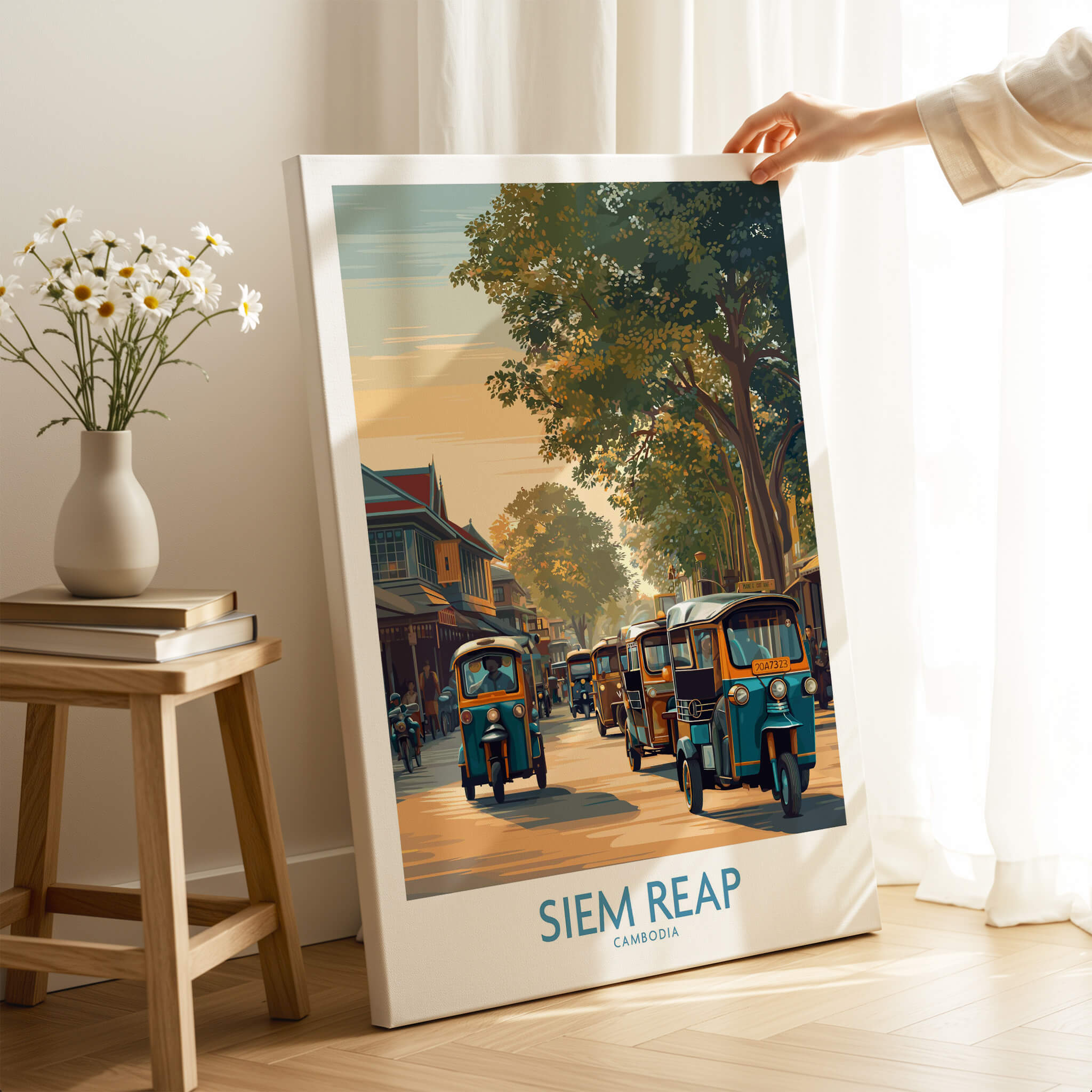 Siem Reap Cambodia Poster | Charming Southeast Asian Village Canvas Print featuring tuk tuks on village streets.