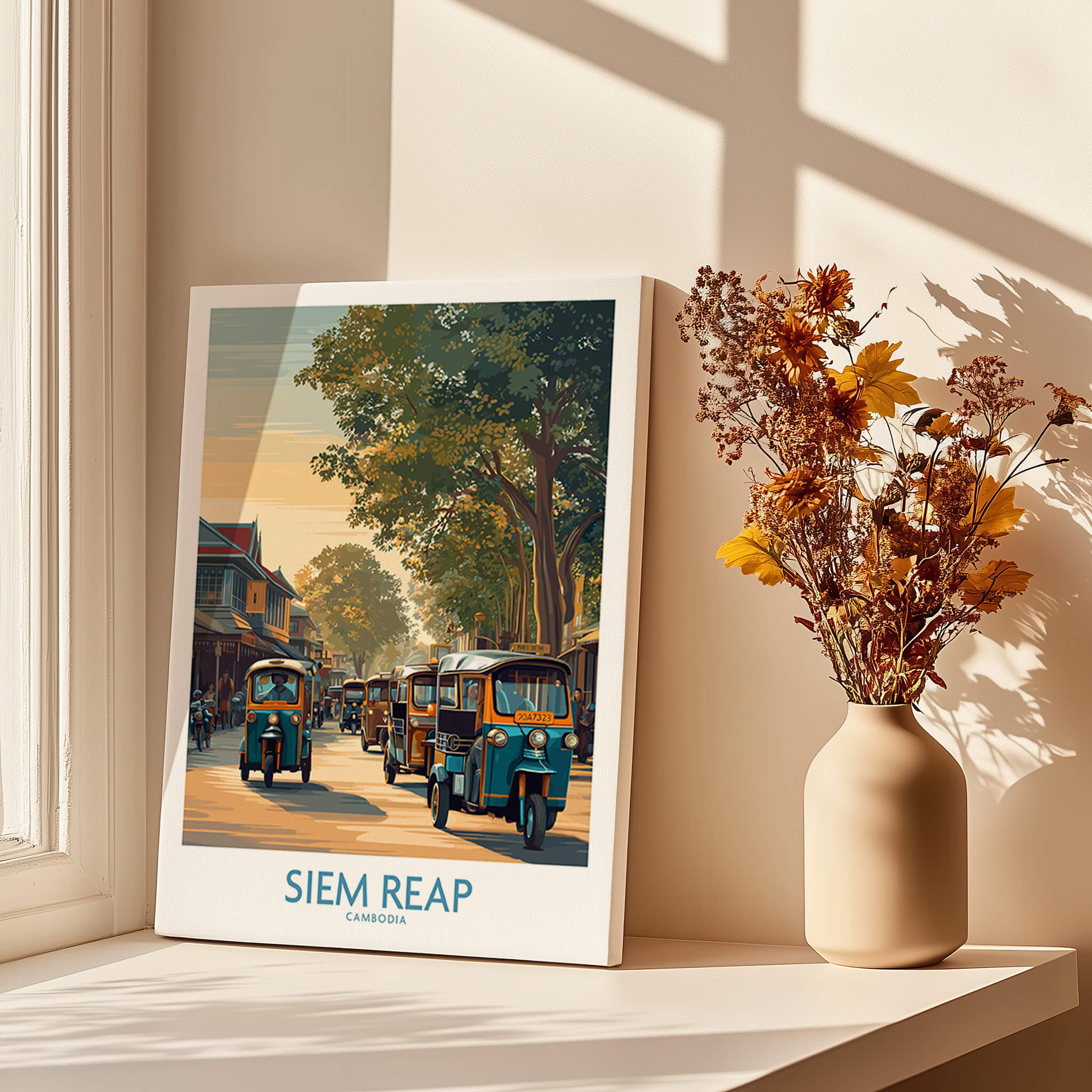Siem Reap Cambodia Poster | Charming Southeast Asian Village Canvas Print showcasing tuk tuks on village roads.