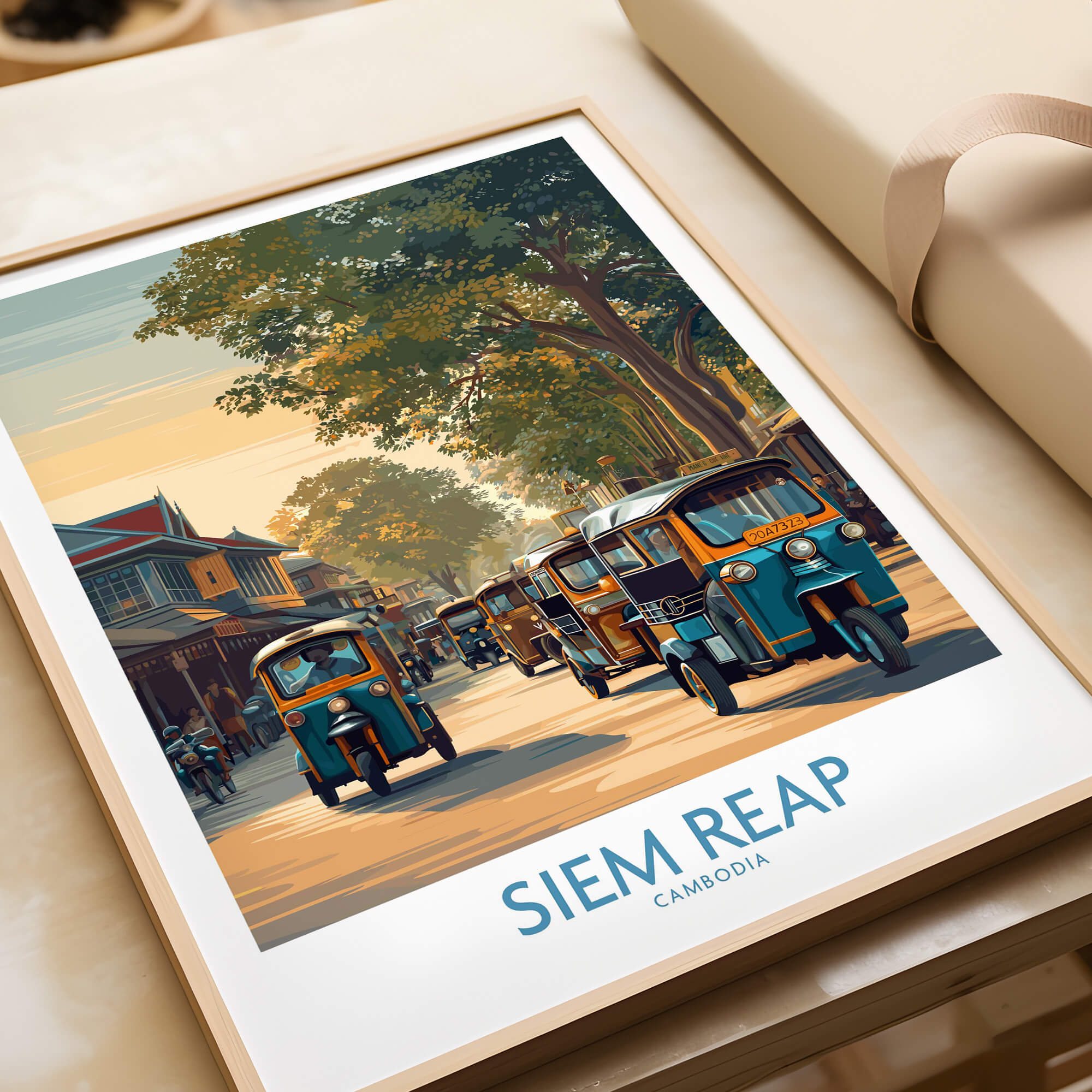 Siem Reap Cambodia Poster | Charming Southeast Asian Village Canvas Print featuring tuk tuks on vibrant village roads.