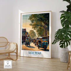 Siem Reap Cambodia Poster | Charming Southeast Asian Village Canvas Print featuring tuk tuks on village roads.