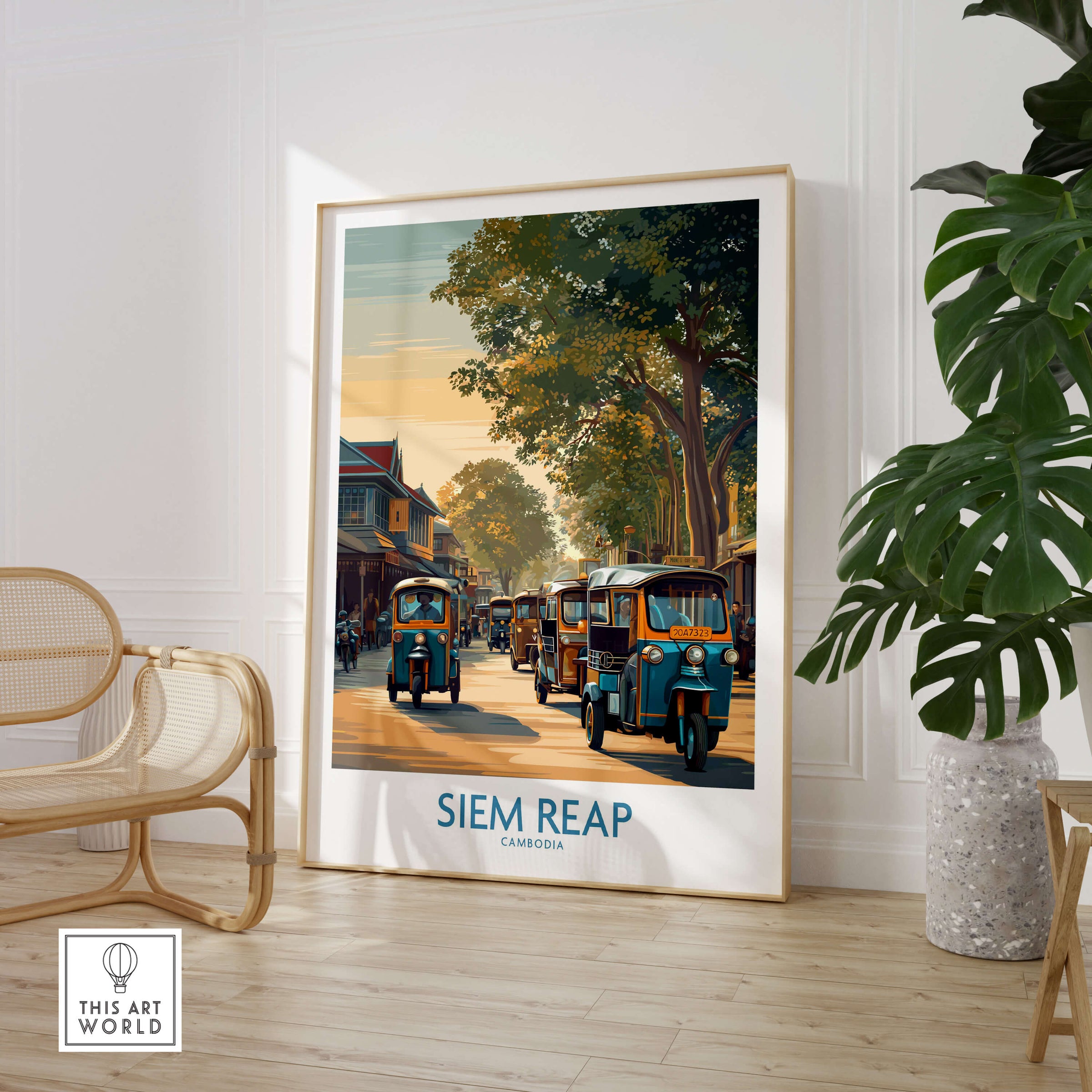 Siem Reap Cambodia Poster | Charming Southeast Asian Village Canvas Print featuring tuk tuks on village roads.