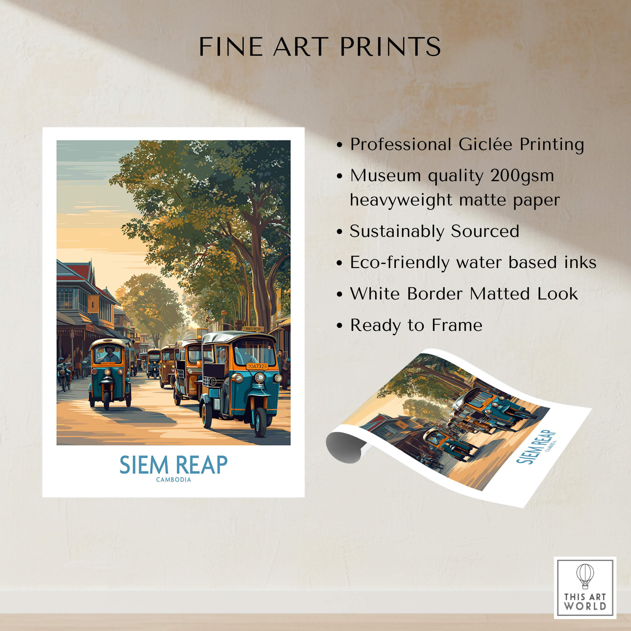 Siem Reap Cambodia Poster | Charming Southeast Asian Village Canvas Print featuring tuk tuks in a vibrant street scene.