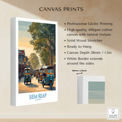 Siem Reap Cambodia Poster | Charming Southeast Asian Village Canvas Print featuring vibrant tuk tuks and village scenery.
