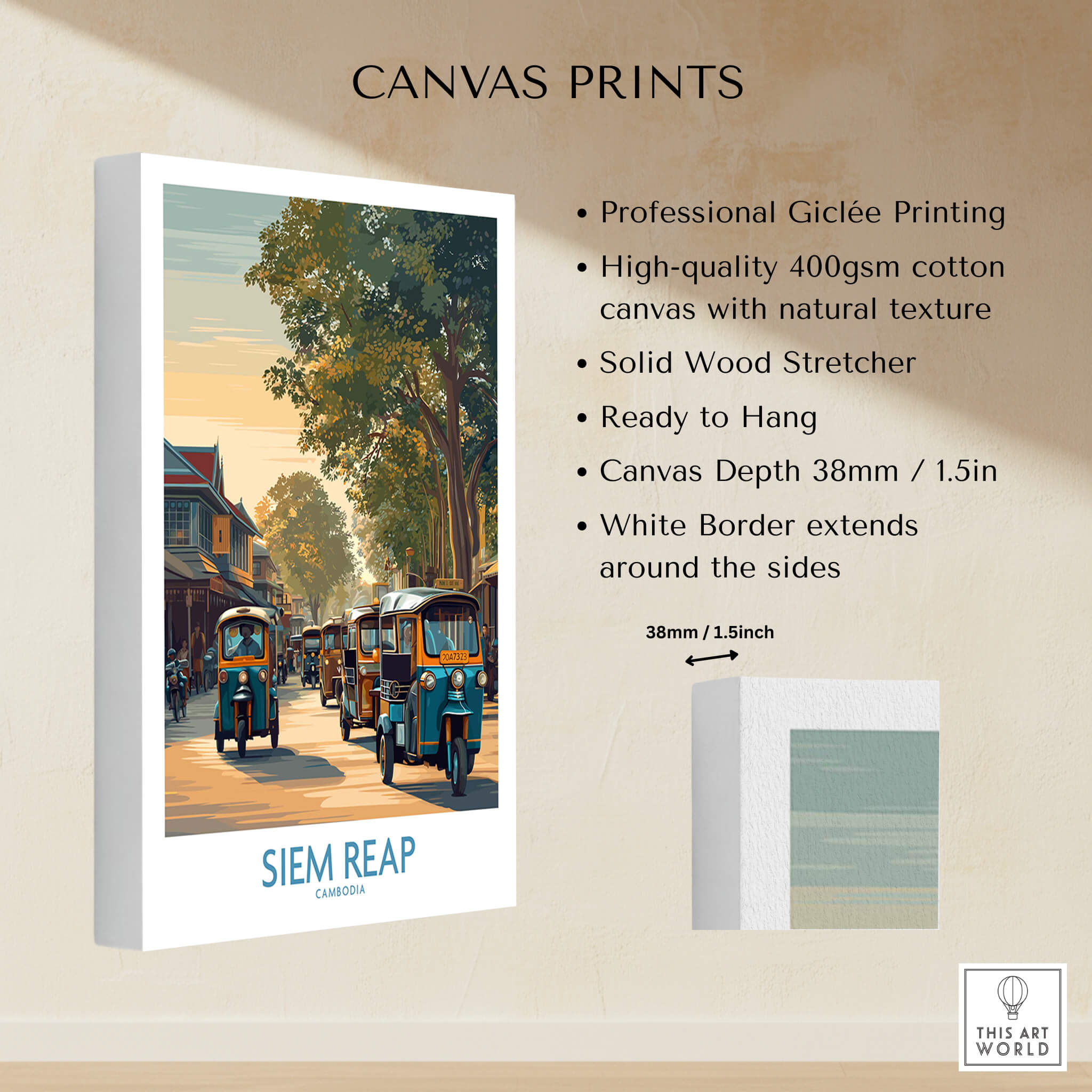 Siem Reap Cambodia Poster | Charming Southeast Asian Village Canvas Print featuring vibrant tuk tuks and village scenery.