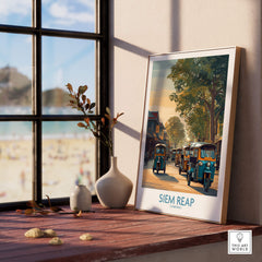 Siem Reap Cambodia Poster | Charming Southeast Asian Village Canvas Print framed on a table near a window.