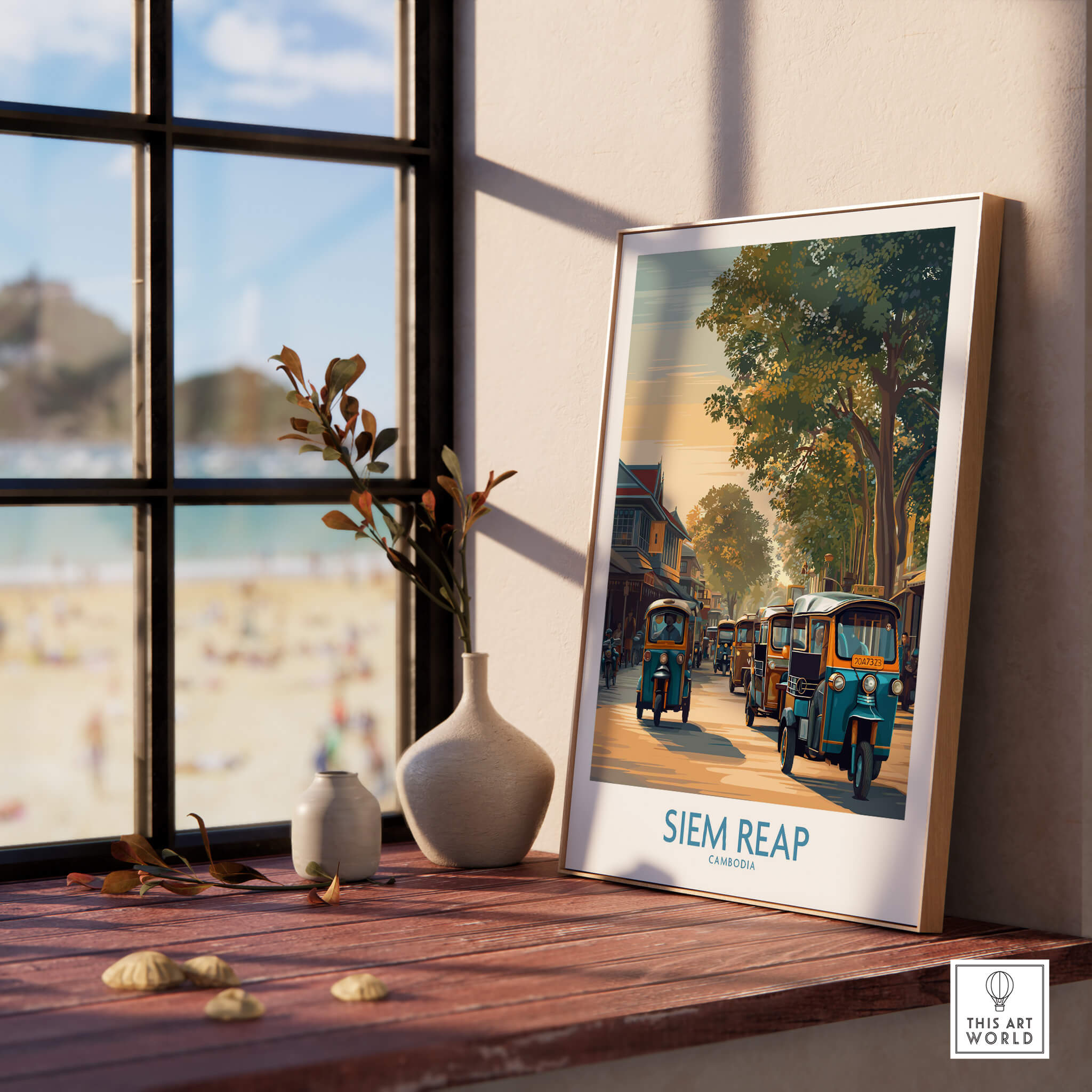 Siem Reap Cambodia Poster | Charming Southeast Asian Village Canvas Print framed on a table near a window.