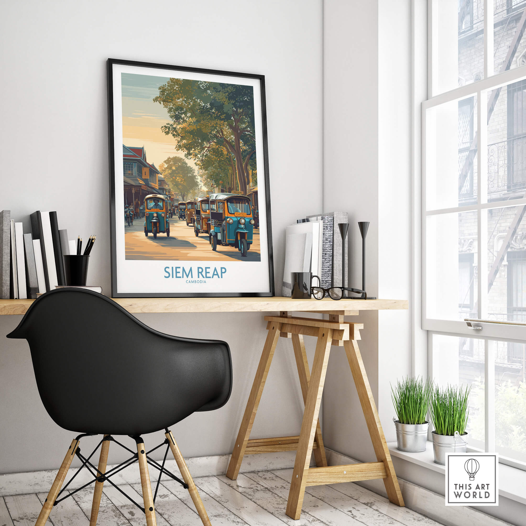 Siem Reap Cambodia Poster | Charming Southeast Asian Village Canvas Print displayed in a modern workspace with a black chair.