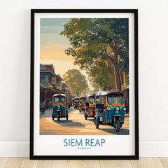 Siem Reap Cambodia Poster | Charming Southeast Asian Village Canvas Print featuring tuk tuks on village streets.