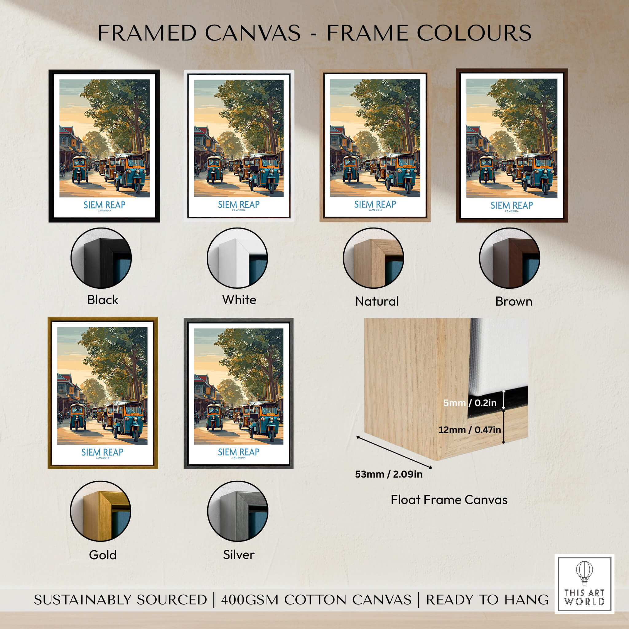 Siem Reap Cambodia Poster | Charming Southeast Asian Village Canvas Print framed in various color options.