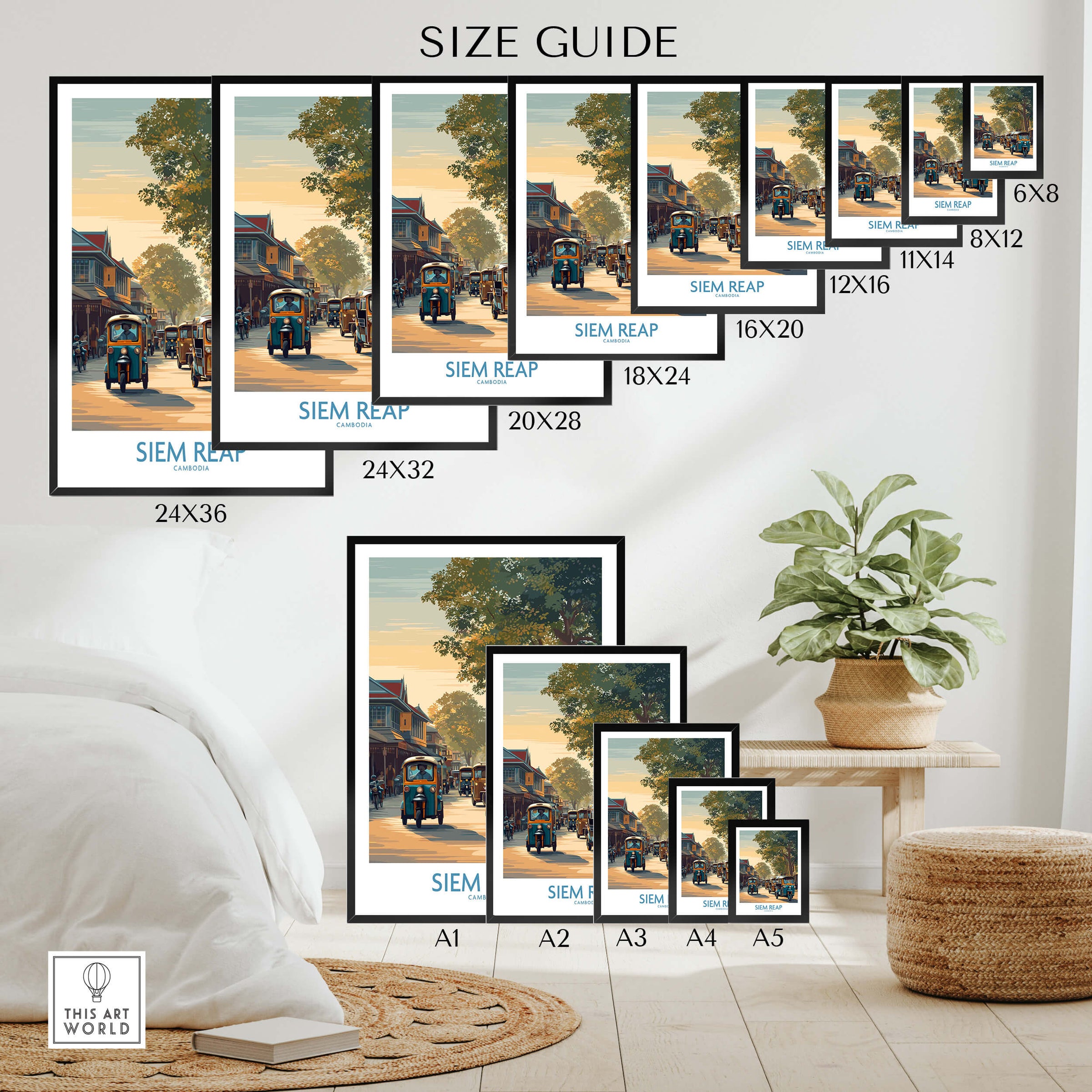 Siem Reap Cambodia Poster | Charming Southeast Asian Village Canvas Print Size Guide with framed options.