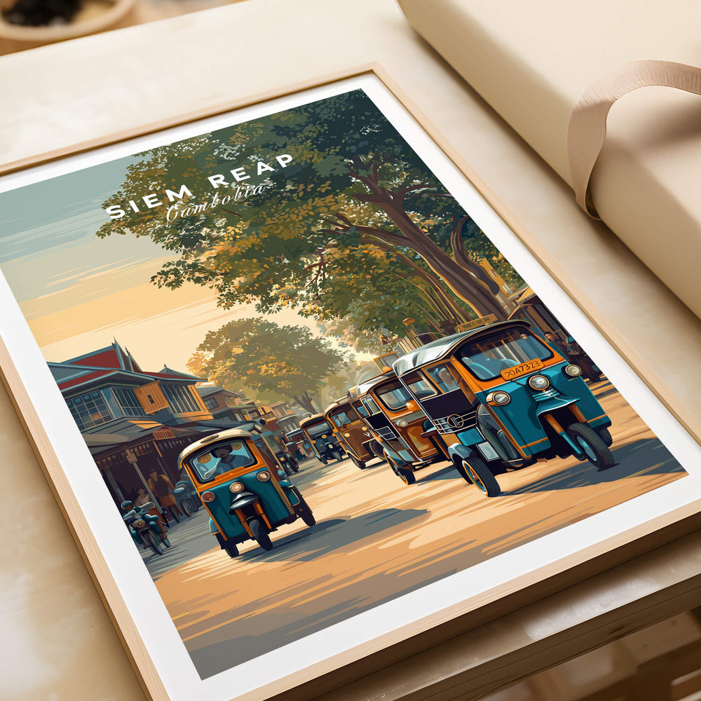 Siem Reap Cambodia Wall Art Print | Traditional Tuk Tuk Travel Poster featuring vibrant tuk tuks in a scenic street.
