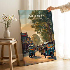 Siem Reap Cambodia Wall Art Print | Traditional Tuk Tuk Travel Poster depicting vibrant tuk tuks in a scenic street.