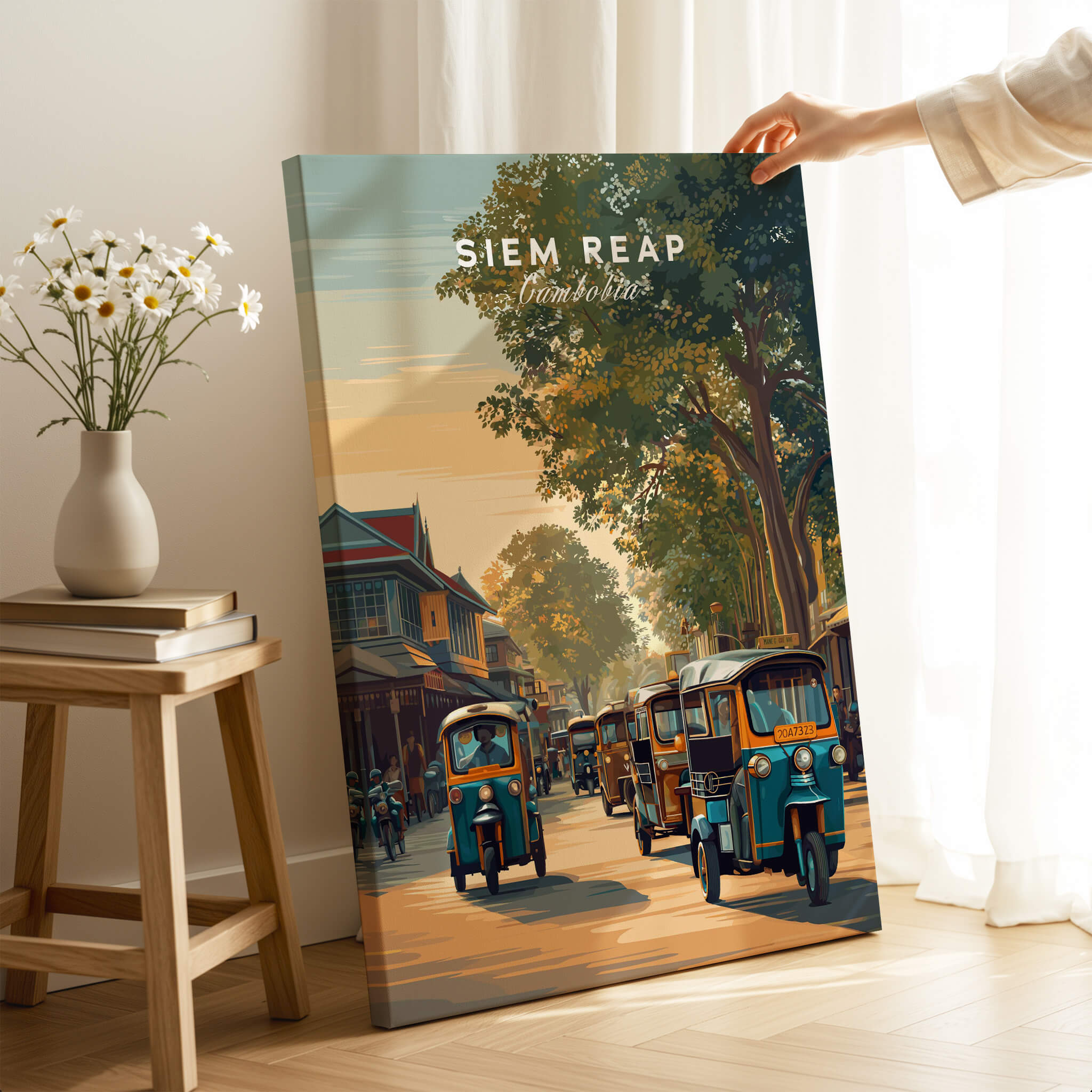 Siem Reap Cambodia Wall Art Print | Traditional Tuk Tuk Travel Poster depicting vibrant tuk tuks in a scenic street.