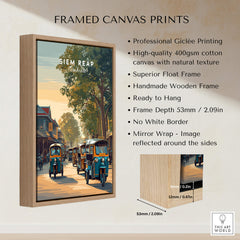 Siem Reap Cambodia Wall Art Print | Traditional Tuk Tuk Travel Poster framed canvas print with wooden frame
