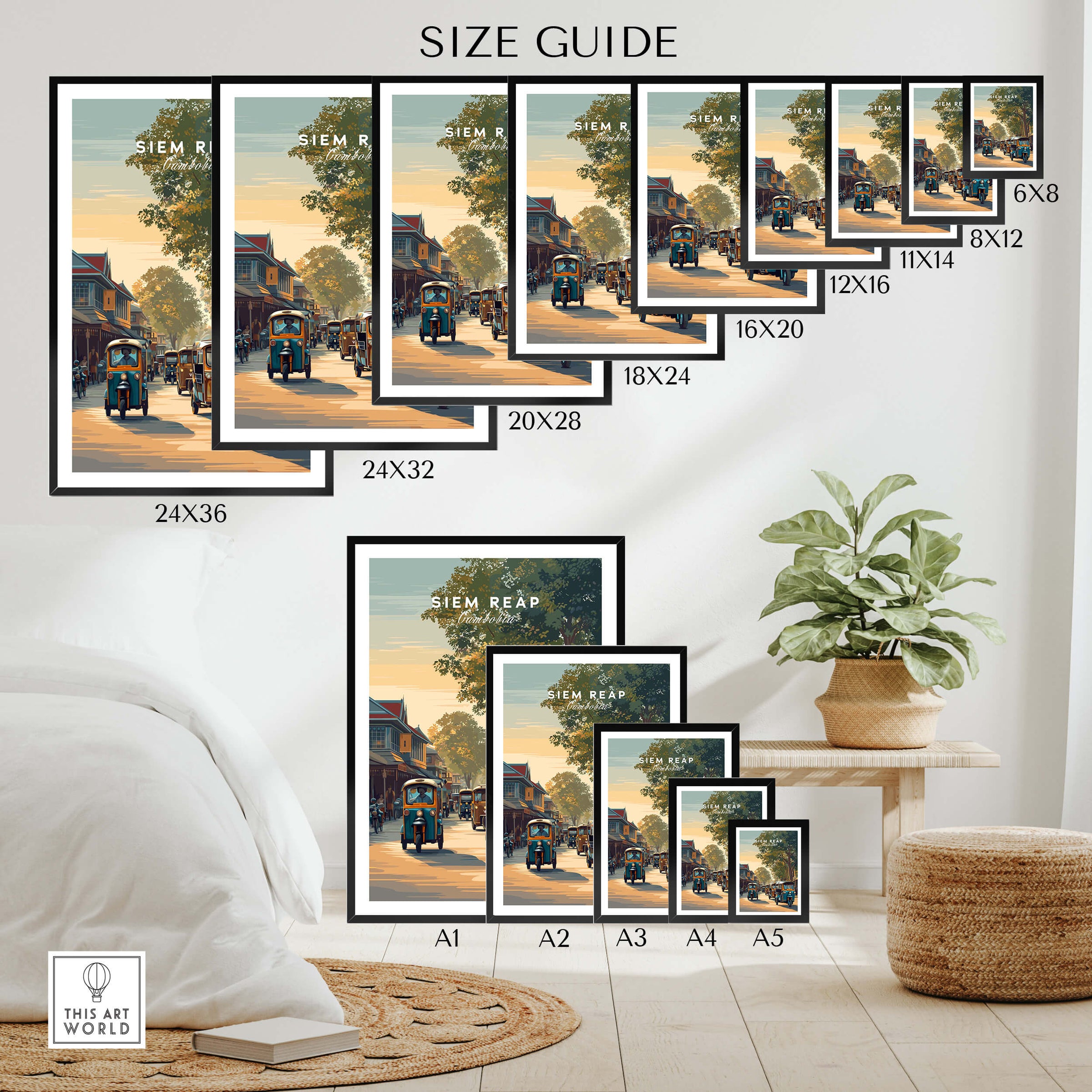 Siem Reap Cambodia Wall Art Print | Traditional Tuk Tuk Travel Poster size guide showing various frame sizes.