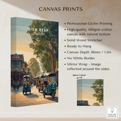 Siem Reap Cambodia Wall Art Print | Traditional Tuk Tuk Travel Poster showcasing iconic tuk tuks in a vibrant street scene.