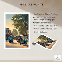 Siem Reap Cambodia Wall Art Print | Traditional Tuk Tuk Travel Poster showcasing vibrant tuk tuks and cultural charm.