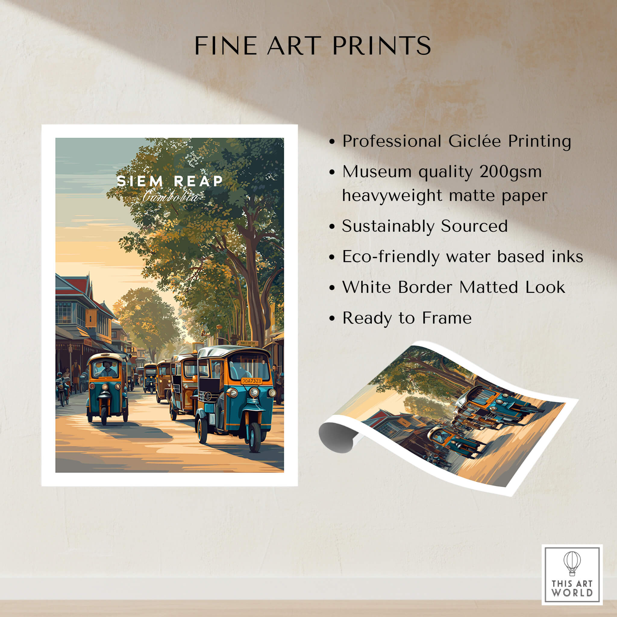Siem Reap Cambodia Wall Art Print | Traditional Tuk Tuk Travel Poster showcasing vibrant tuk tuks and cultural charm.