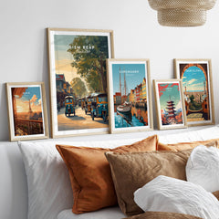Siem Reap Cambodia Wall Art Print | Traditional Tuk Tuk Travel Poster displayed in a stylish interior setting.