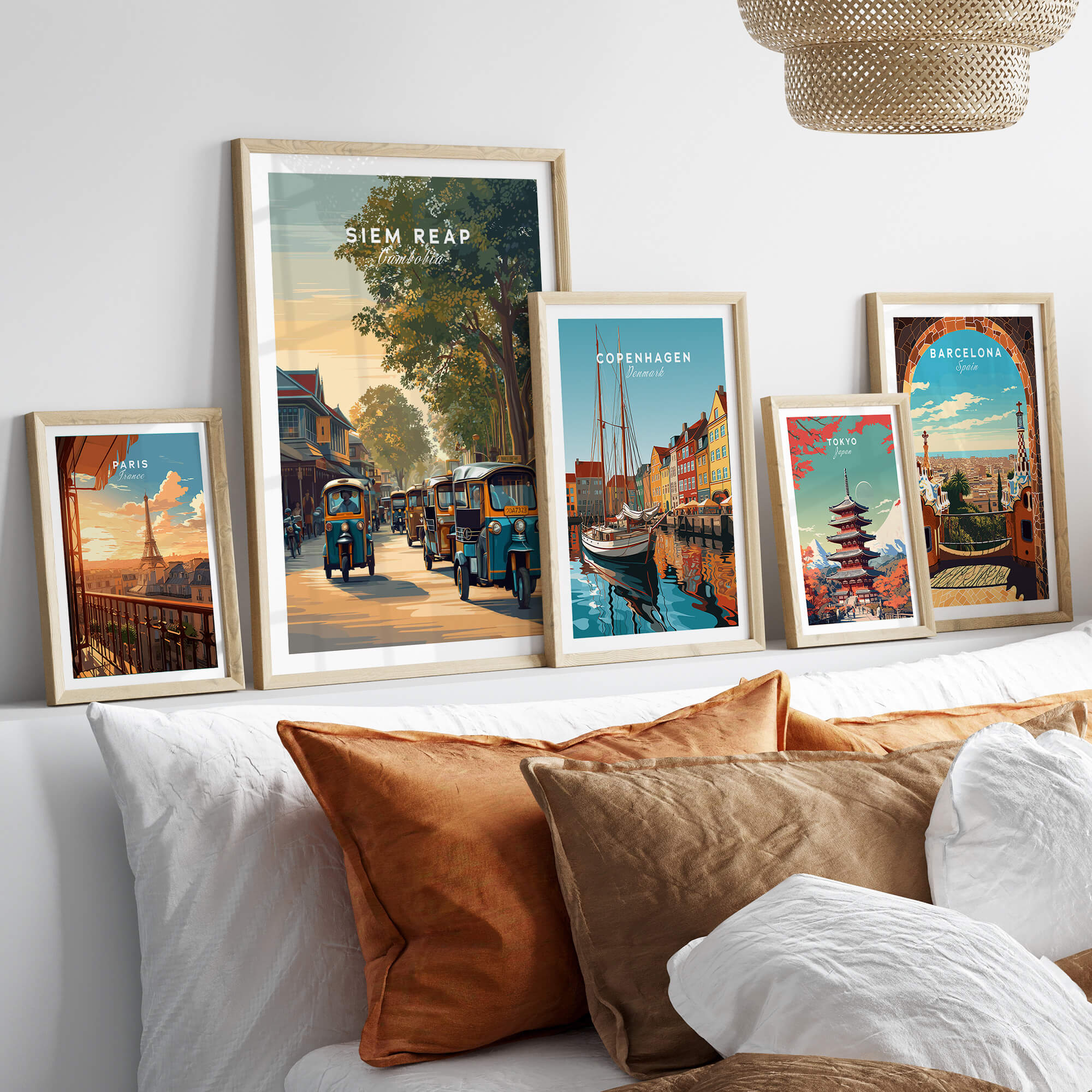 Siem Reap Cambodia Wall Art Print | Traditional Tuk Tuk Travel Poster displayed in a stylish interior setting.