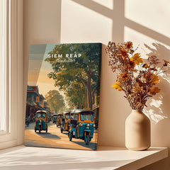 Siem Reap Cambodia Wall Art Print | Traditional Tuk Tuk Travel Poster featuring colorful tuk tuks in a vibrant street scene.