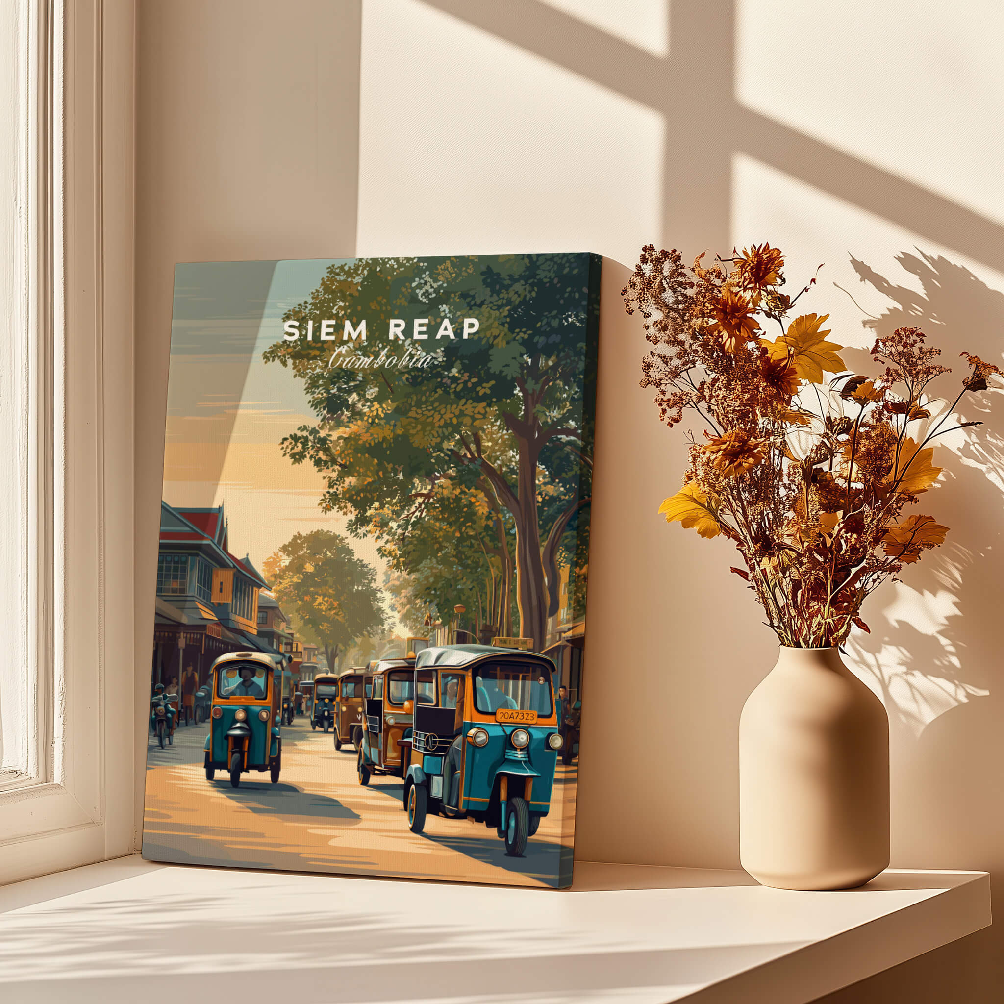 Siem Reap Cambodia Wall Art Print | Traditional Tuk Tuk Travel Poster featuring colorful tuk tuks in a vibrant street scene.