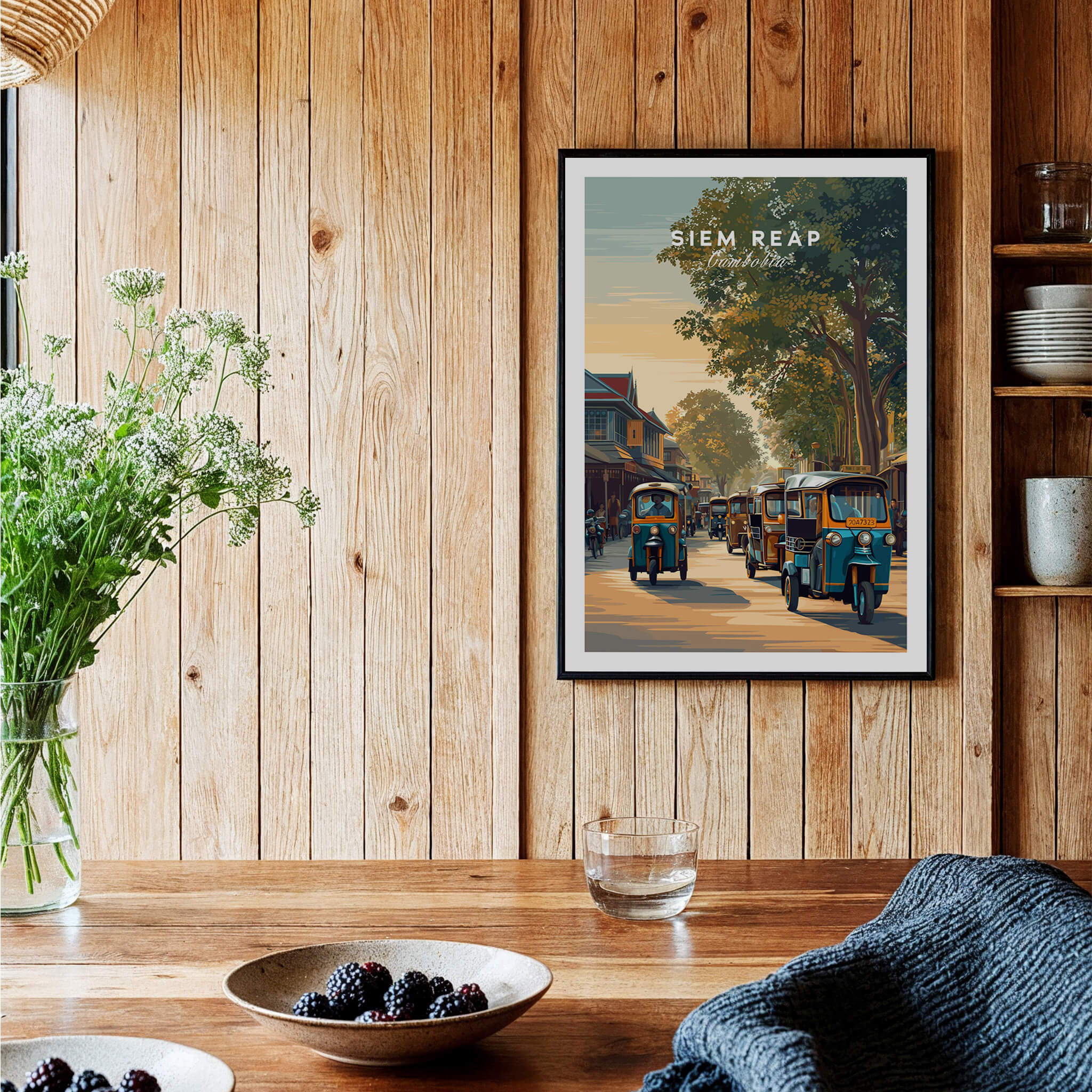 Siem Reap Cambodia Wall Art Print | Traditional Tuk Tuk Travel Poster featuring vibrant tuk tuks in a scenic setting.