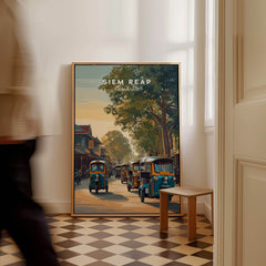 Siem Reap Cambodia Wall Art Print | Traditional Tuk Tuk Travel Poster featuring colorful tuk tuks on a vibrant street.