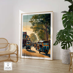 Siem Reap Cambodia Wall Art Print | Traditional Tuk Tuk Travel Poster featuring colorful tuk tuks in a charming setting.