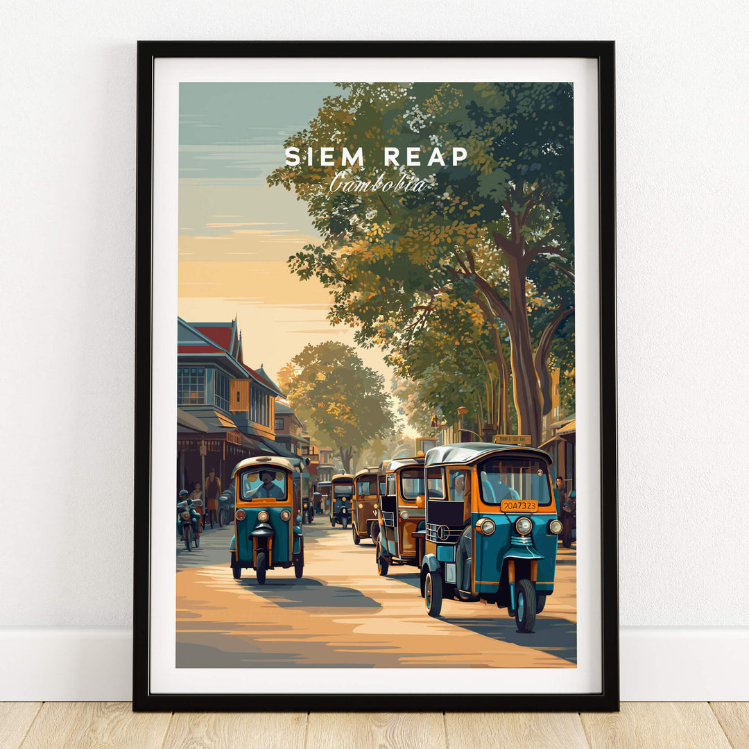 Siem Reap Cambodia Wall Art Print | Traditional Tuk Tuk Travel Poster showcasing vibrant tuk tuks in Siem Reap.