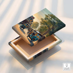 Siem Reap Cambodia Wall Art Print | Traditional Tuk Tuk Travel Poster displayed on a wooden box with tuk tuks.