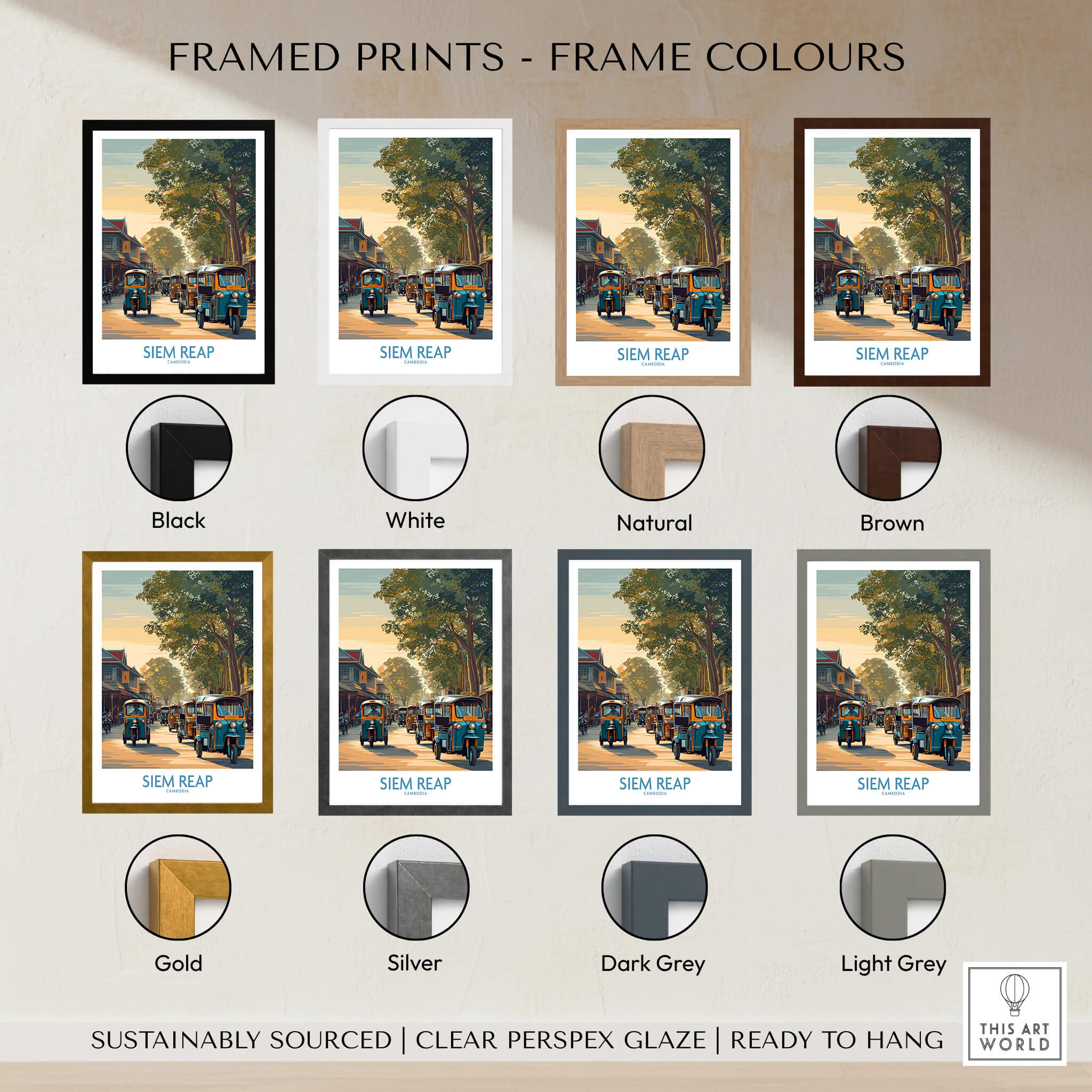 Siem Reap Cambodia Poster | Charming Southeast Asian Village Canvas Print framed color options in various styles.