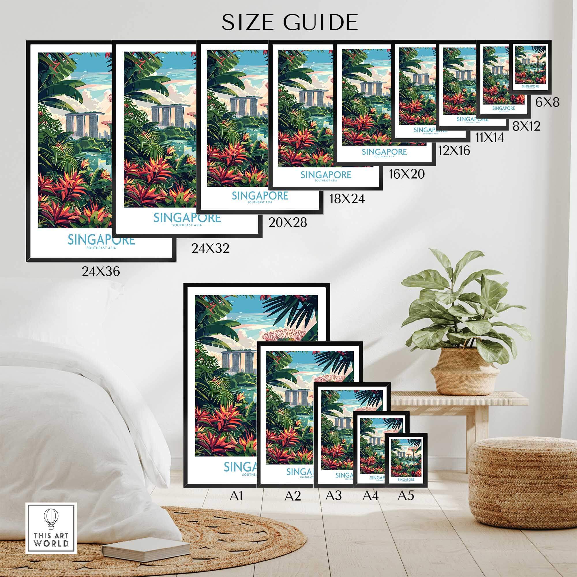 Various sizes of Singapore Gardens by the Bay Poster displayed in a living room setting.