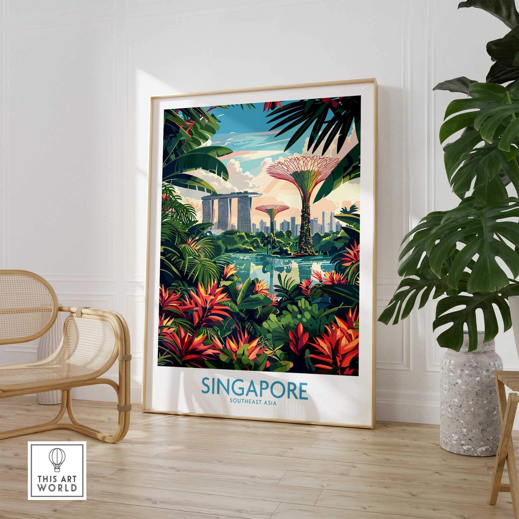Singapore Gardens by the Bay Poster featuring vibrant flora and iconic skyline for home decor.