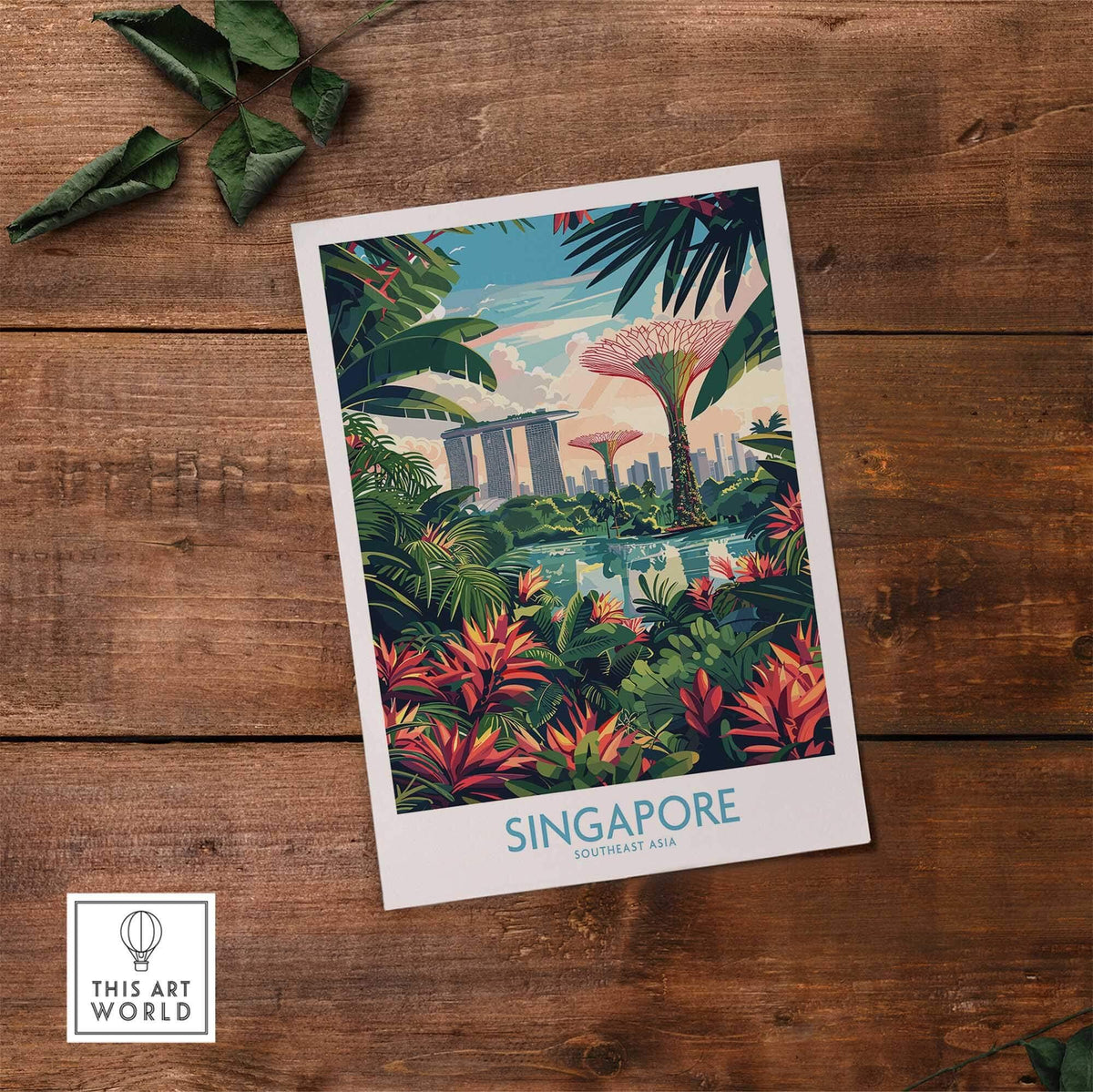 Singapore Gardens by the Bay Poster featuring vibrant tropical plants and iconic Singapore skyline.