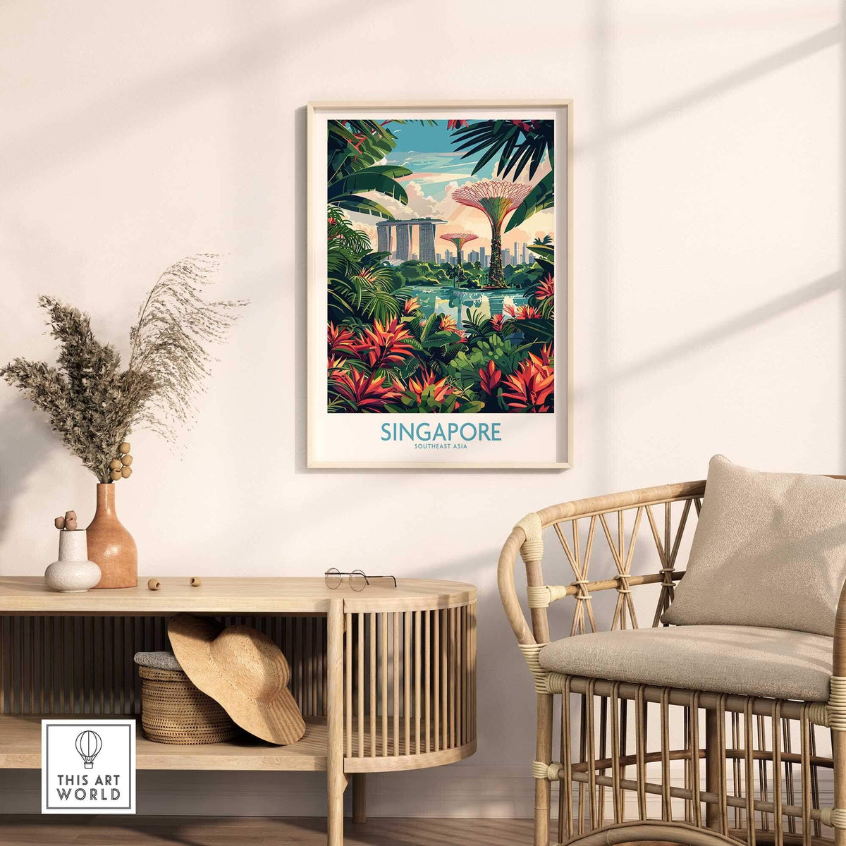Singapore Gardens by the Bay Poster displayed in a modern interior, showcasing Singapore's vibrant natural beauty.