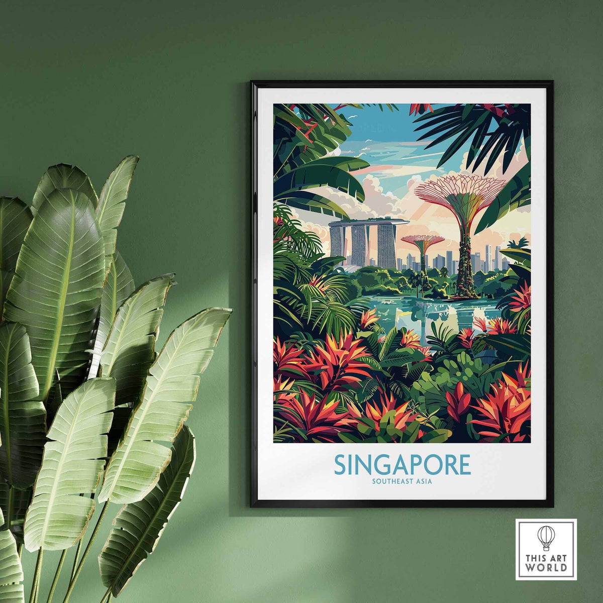 Singapore Gardens by the Bay Poster showcasing vibrant nature and iconic skyline in Singapore.