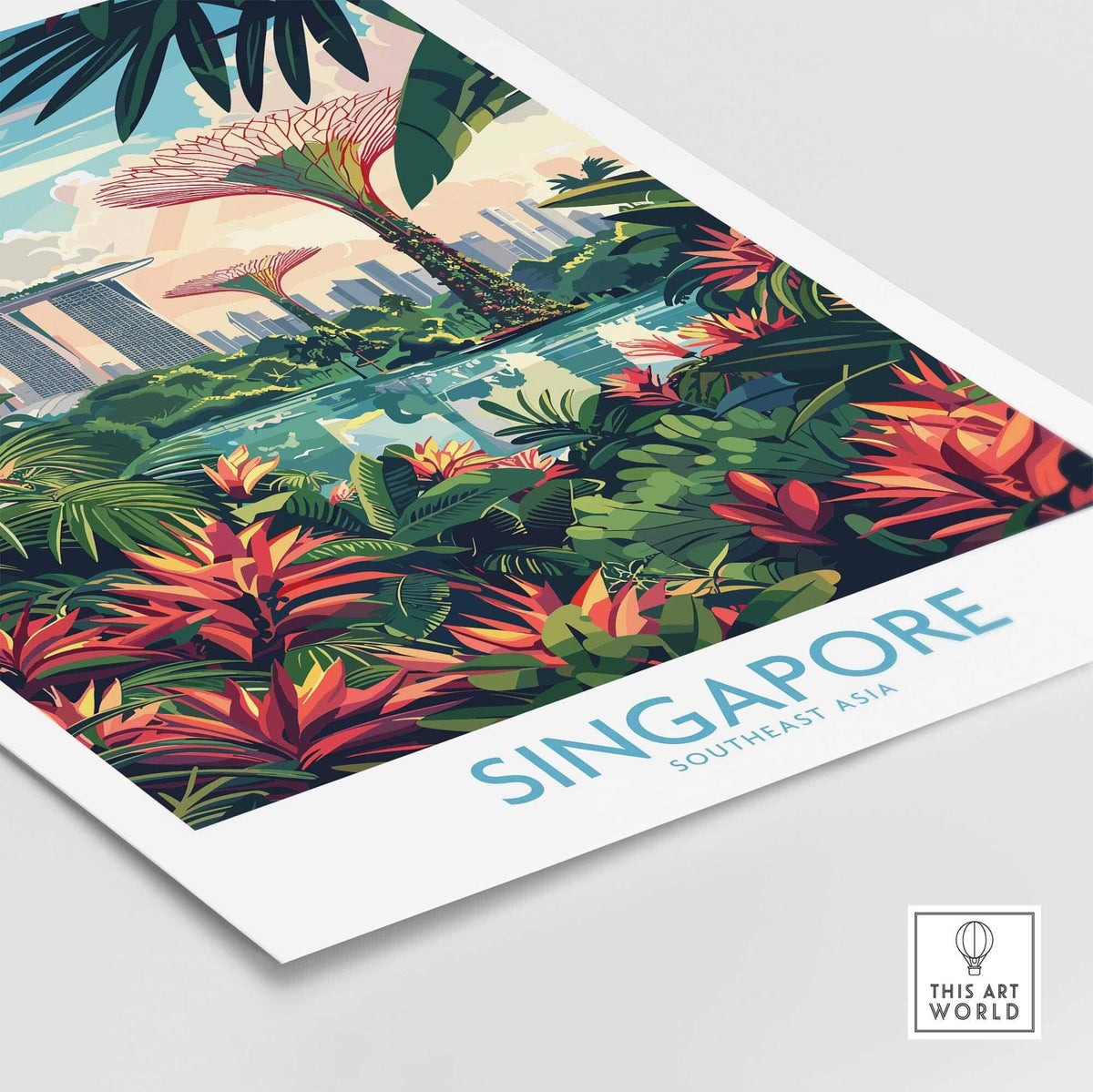 Singapore Gardens by the Bay Poster featuring vibrant colors and iconic landmark details in a lush tropical setting.