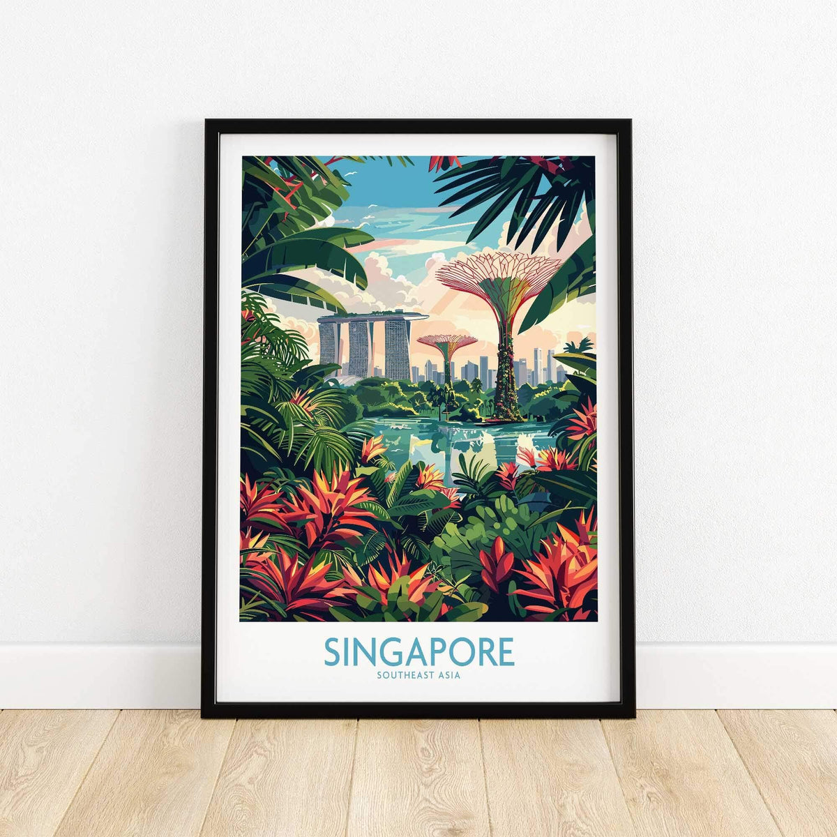 Singapore Gardens by the Bay Poster showcasing vibrant plants and iconic skyline in Southeast Asia.