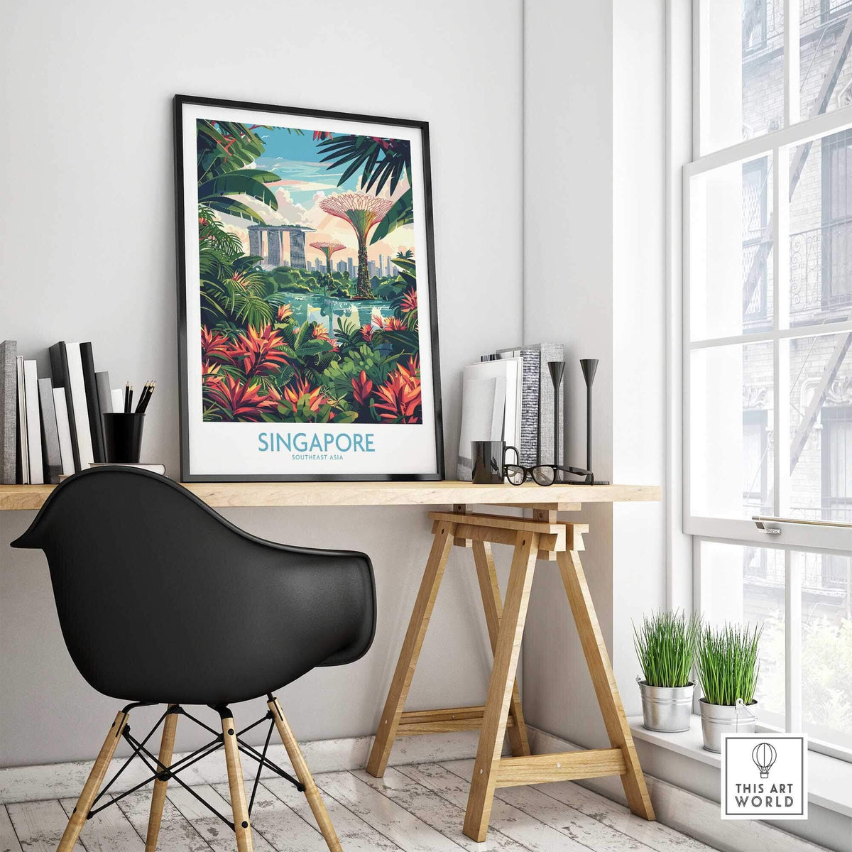 Singapore Gardens by the Bay Poster displayed in a modern workspace with vibrant tropical artwork.
