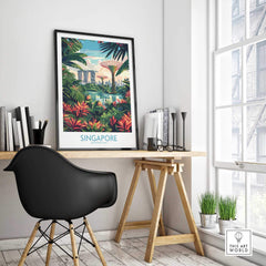Singapore Gardens by the Bay Poster displayed in a modern workspace with vibrant tropical artwork.