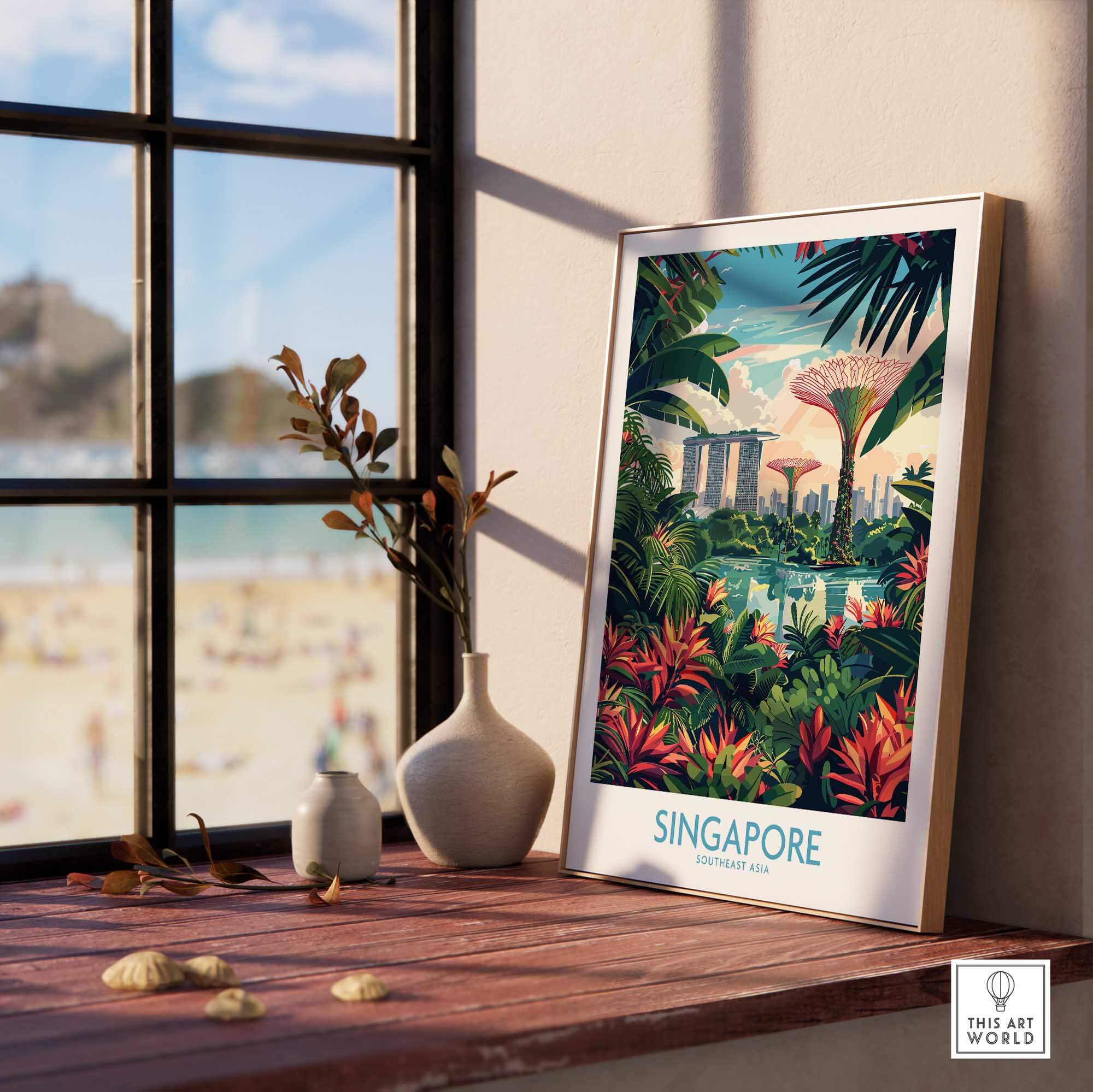 Singapore Gardens by the Bay Poster displayed in a cozy space with a view of the beach in the background.
