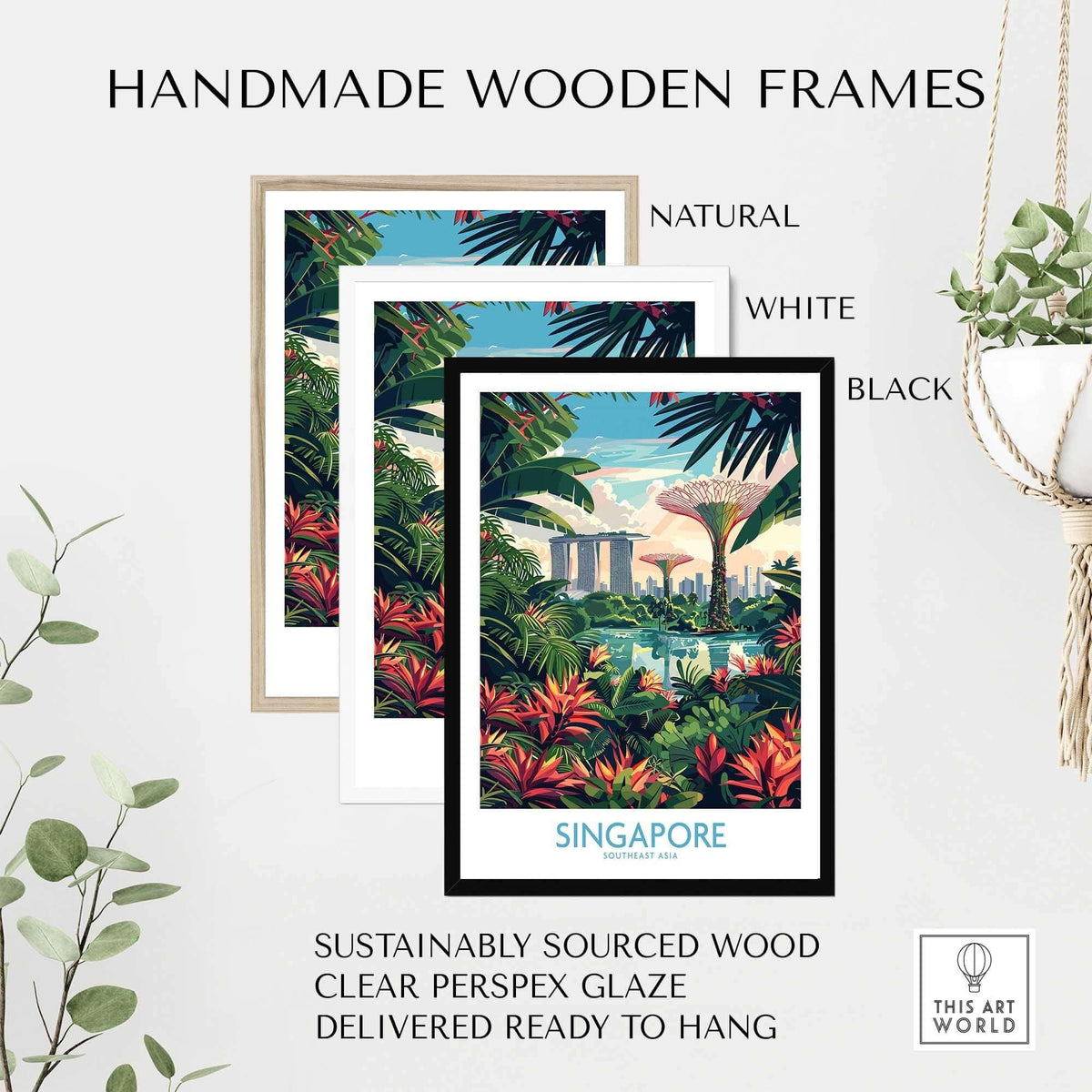 Handmade wooden frames for Singapore Gardens by the Bay Poster, showcasing natural, white, and black options.