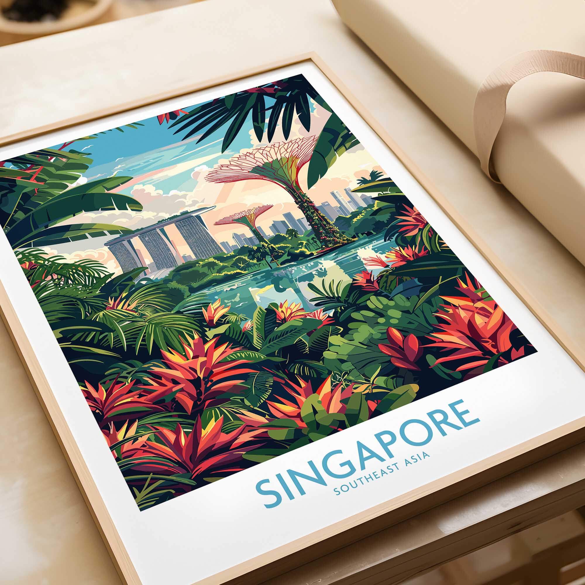 Singapore Gardens by the Bay Poster showcasing vibrant flora and Singapore skyline in artistic design.