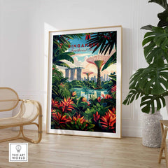 Singapore Marina Bay Poster showcasing vibrant flora and iconic skyline of Marina Bay in a stylish interior setting.