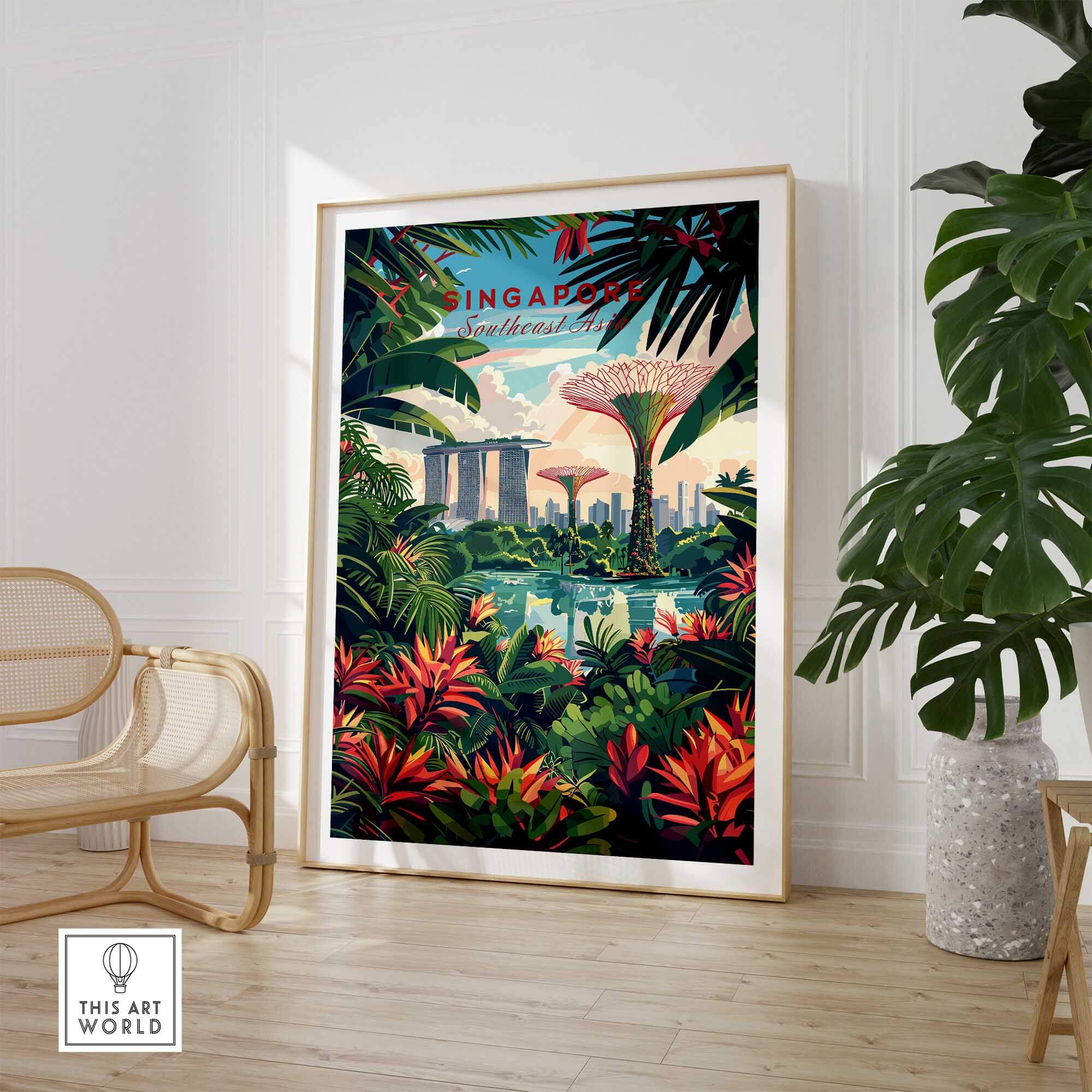 Singapore Marina Bay Poster showcasing vibrant flora and iconic skyline of Marina Bay in a stylish interior setting.